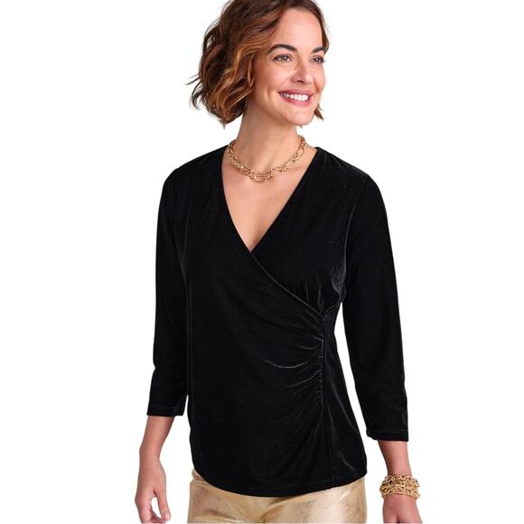 NWT‎ SOFT SURROUNDINGS Women's S Black Velvet Alyssa Knit Surplice V-Neck Top - Picture 2 of 12